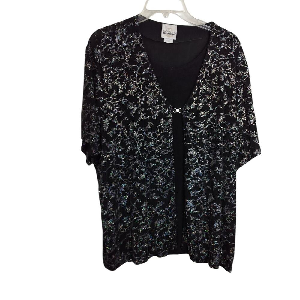 4300) Bentley Plus Black Silver Metallic Scroll Pattern Short Sleeve Cardigan 3X
